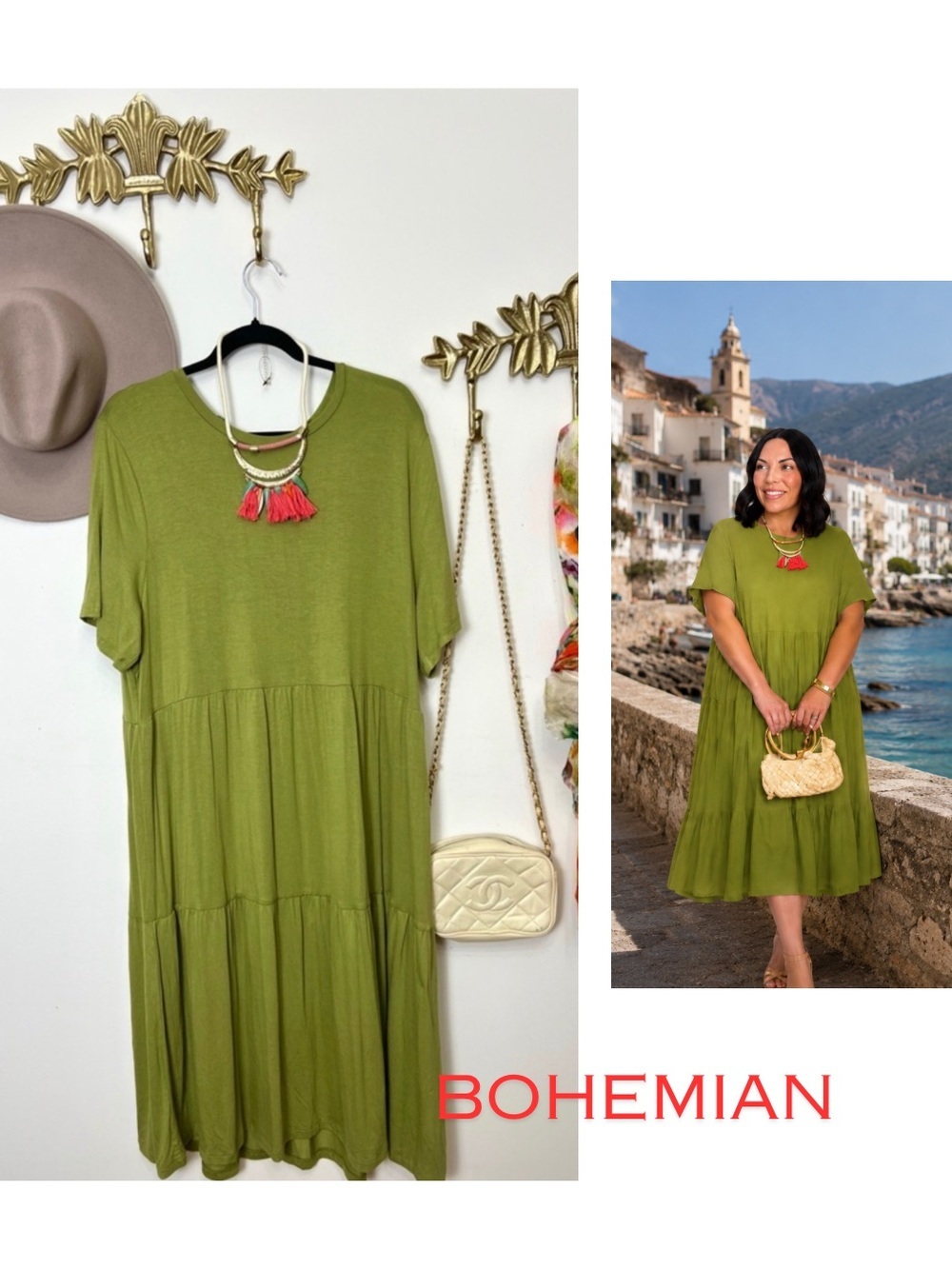 🆕Olive Green Tiered Short-Sleeve Dress - XL ptp 24” l 46”